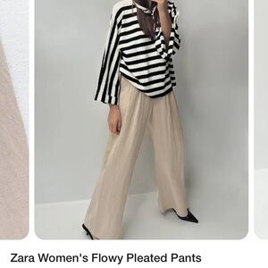 Zara Extra Wide Leg Pleated Trousers W/ Pockets Size M Khaki/Sand Color